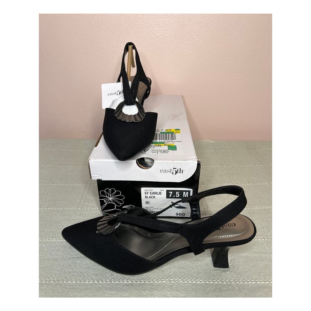 East 5th Earlie Women's Black Crepe Slingback Pointed Toe Stiletto Heel Size 7.5